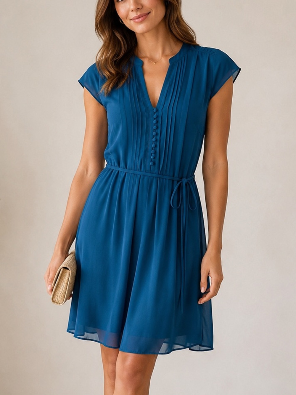 H&M Pleated Mini Dress Blue Tie Waist V Neck Short Sleeve Women’s 4